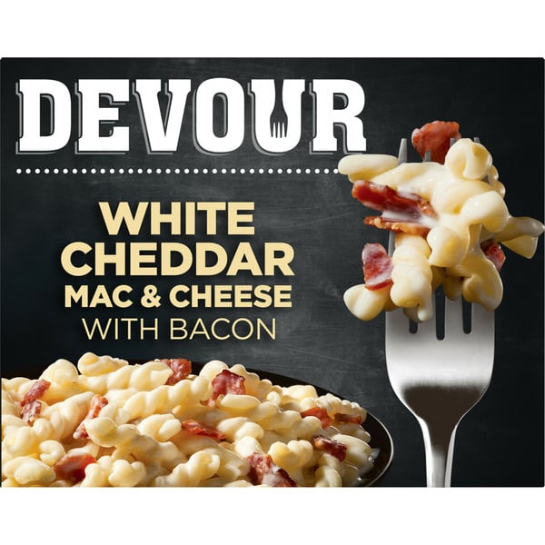 Specialty Cheeses DEVOUR White Cheddar Mac & Cheese with Smoked Bacon Frozen Meal hero