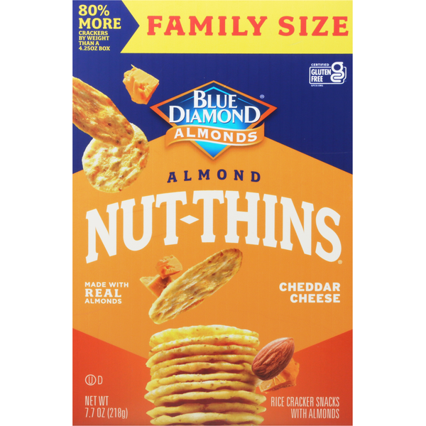 Crackers Blue Diamond Rice Cracker Snacks, Cheddar Cheese, Almond, Family Size hero