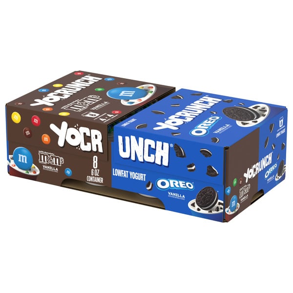 Yogurt YoCrunch Low Fat Yogurt Variety Pack, Vanilla Yogurt with M&Ms(R) and OREO(R) Cookie Pieces, 6 oz, 8 Pack hero