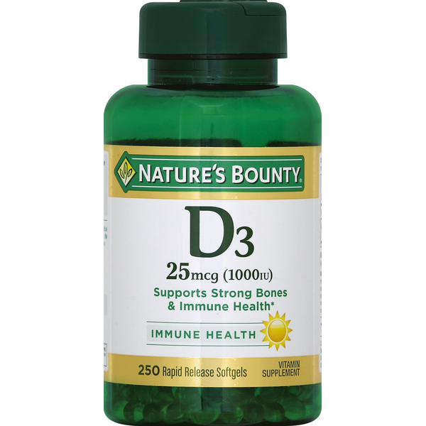 Vitamins & Supplements Nature's Bounty Vitamin D3, 25 mcg (1000 IU), Rapid Release Softgels hero