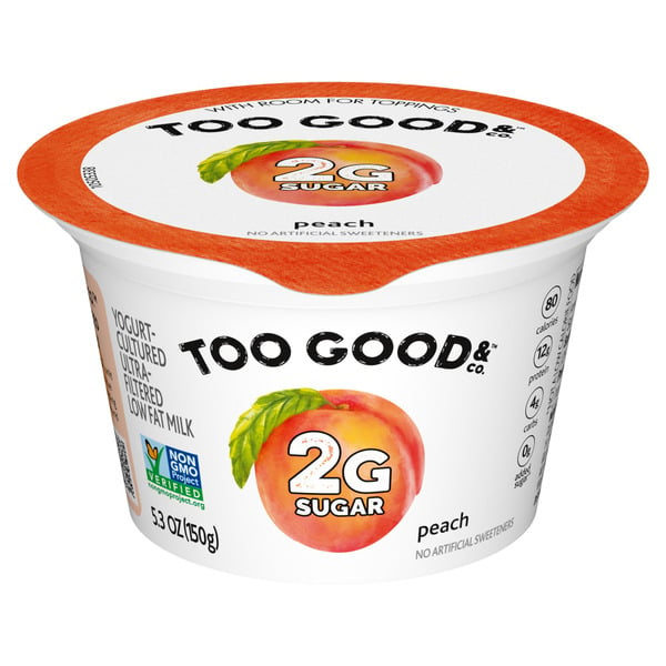 Refrigerated Too Good & Co. Peach Flavored Low Fat Greek Yogurt Cultured Product Cup hero