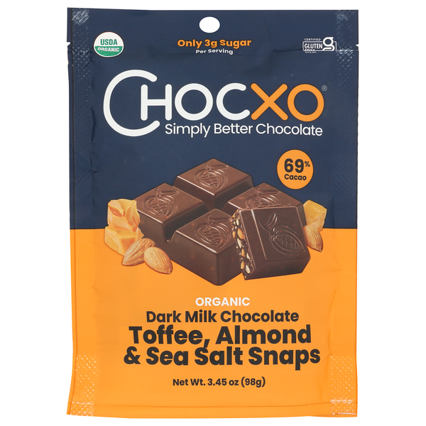 ChocXO 69% Dark Milk Chocolate Toffee, Almond & Sea Salt Snap hero