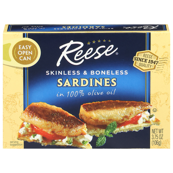 Canned Meat & Seafood Reese's Sardines, in 100% Olive Oil, Skinless & Boneless hero