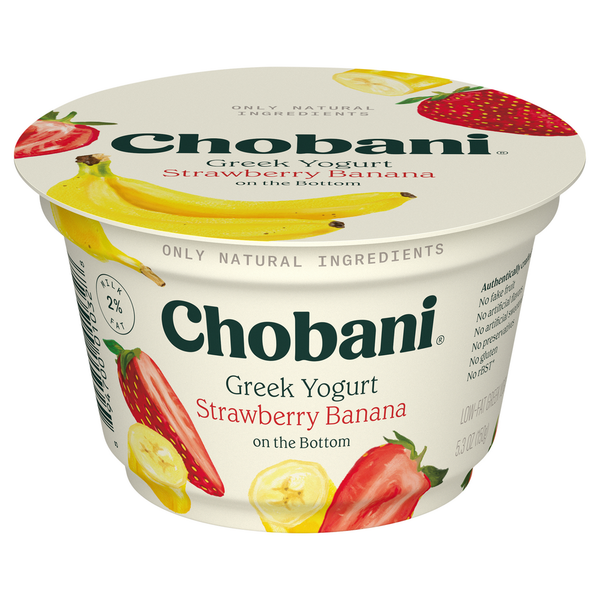 Greek Yogurt Chobani Yogurt, Low-Fat, Greek, Strawberry Banana on the Bottom hero