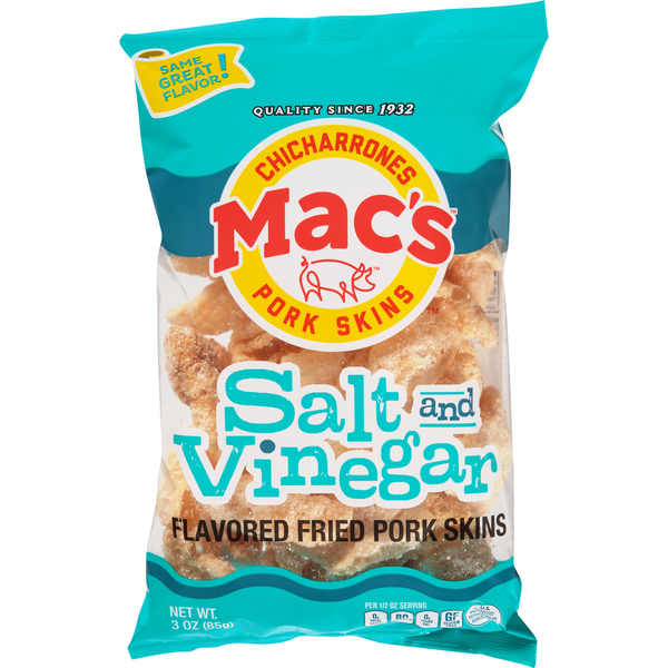 Chips & Pretzels Mac's Pork Skins, Fried, Salt and Vinegar Flavored hero