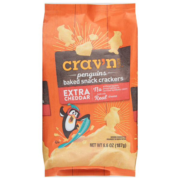 Crackers Crav'n Flavor Snack Crackers, Baked, Extra Cheddar, Penguins hero