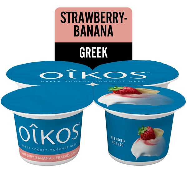 Yogurt Oikos Greek Yogurt, Strawberry-Banana Flavour, Blended, 2% M.F. hero