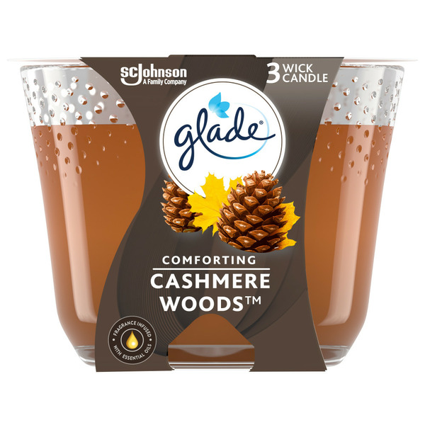 Air Fresheners & Candles Glade 3-Wick Scented Candle Air Freshener, Cashmere Woods, Infused with Essential Oils hero