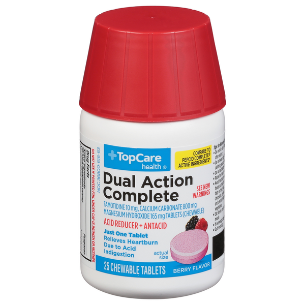 Digestion TopCare Acid Reducer + Antacid, Dual Action Complete, Chewable Tablets, Berry Flavor hero