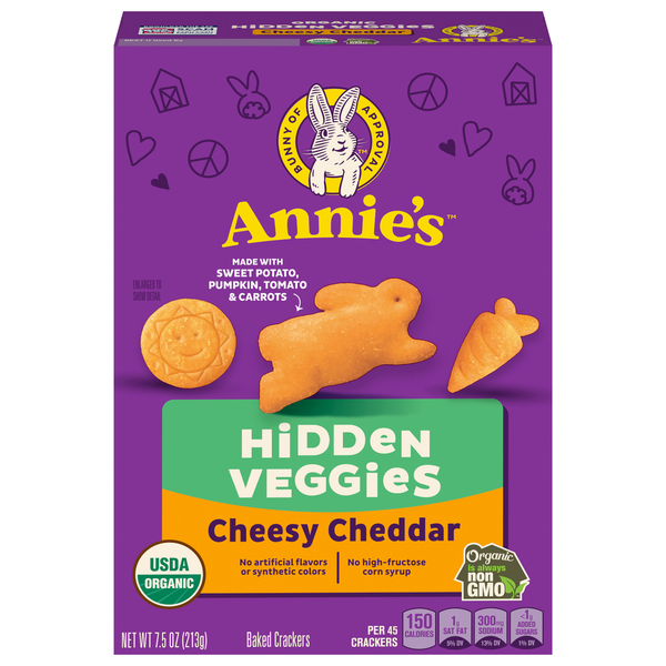 Crackers Annie's Crackers, Cheesy Cheddar, Baked, Hidden Veggies hero