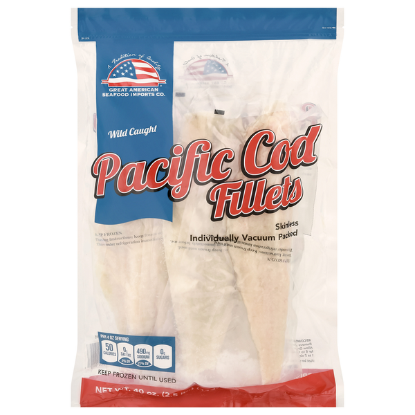 Frozen Meat & Seafood Great American Seafood Fillets, Pacific Cod, Skinless hero