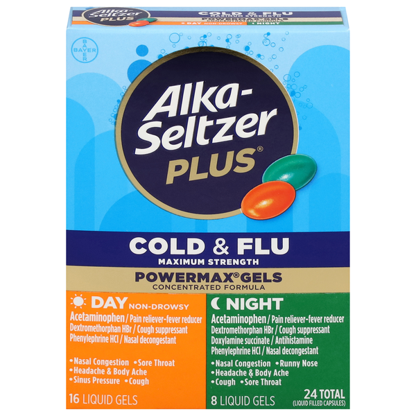 Alka-Seltzer Cold & Flu, Maximum Strength, Day/Night, Liquid Gels hero