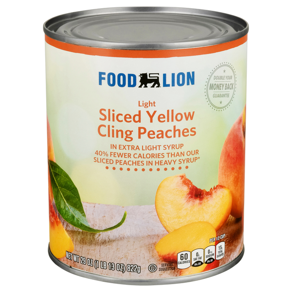 Canned Fruit & Applesauce Food Lion Peaches, Yellow Cling, Light, Sliced hero