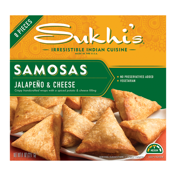 Frozen Appetizers & Sides Sukhi's Indian Jalapeno & Cheese Vegetarian Samosa Frozen Appetizer hero