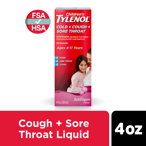 Cough & Cold Medicine TYLENOL Cold, Cough, And Sore Throat, Bubblegum hero