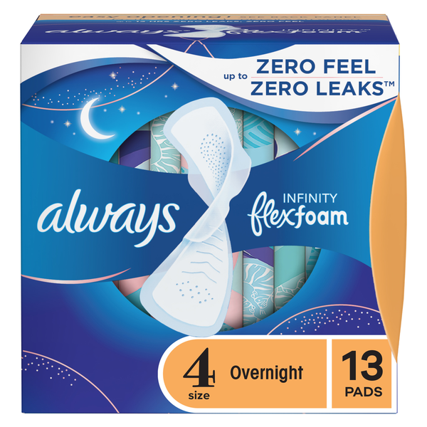 Feminine Care Always Infinity FlexFoam Pads for Women Size 4 Overnight Absorbency hero