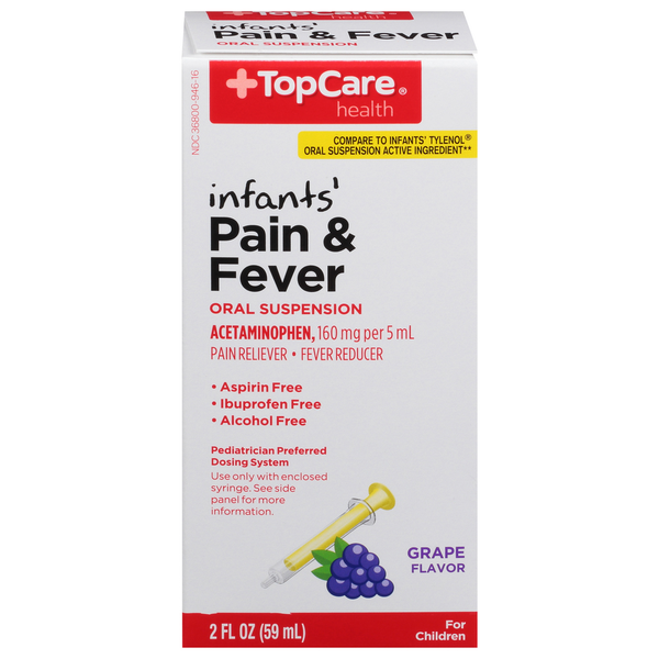 Baby First Aid & Vitamins TopCare Pain & Fever, Oral Suspension, Infants', 160 mg, Grape Flavor hero