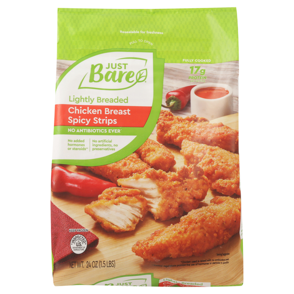 Frozen Meat Just Bare Chicken Breast, Lightly Breaded, Spicy Strips hero