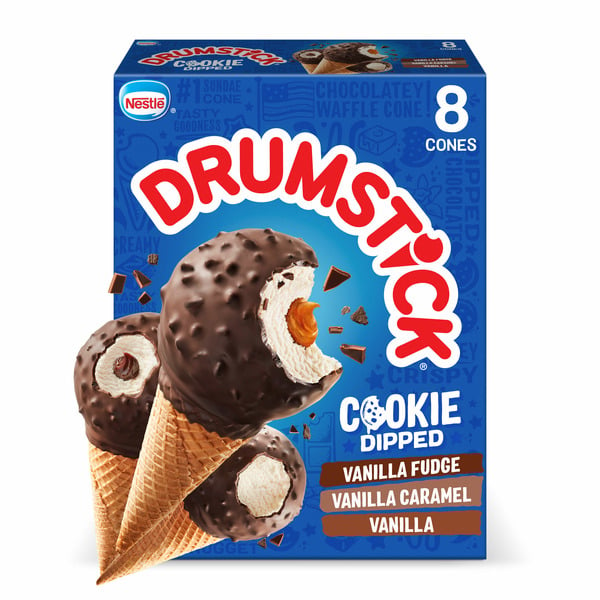 Frozen Dessert & Novelties Drumstick Cookie Dipped Vanilla/Vanilla Fudge/Vanilla Caramel Frozen Dairy Dessert Cones hero