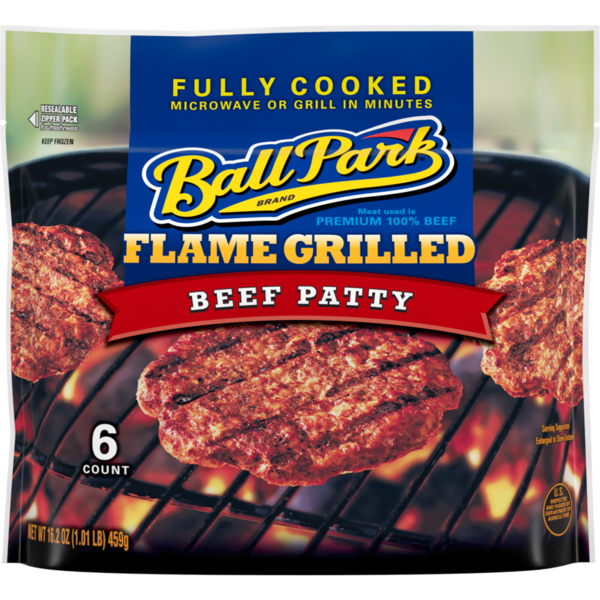 Frozen Meat Ball Park Fully-Cooked Flame Grilled Original Beef Patties, Frozen hero