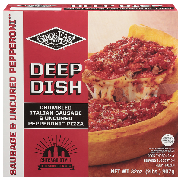 Frozen Pizza Gino's East Pizza, Sausage & Uncured Pepperoni, Crumbled, Italian, Deep Dish hero