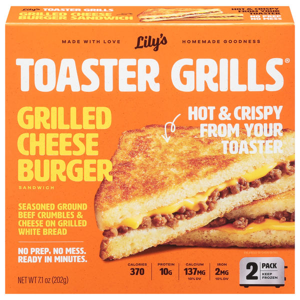 Frozen Meals Lily's Toaster Grills Sandwich, Grilled Cheese Burger, 2 Pack hero