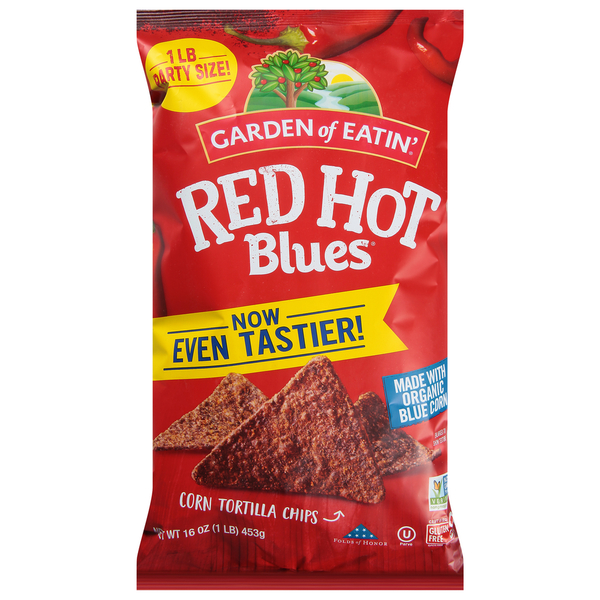 Chips & Pretzels Garden of Eatin' Corn Tortilla Chips, Red Hot Blues, Party Size hero