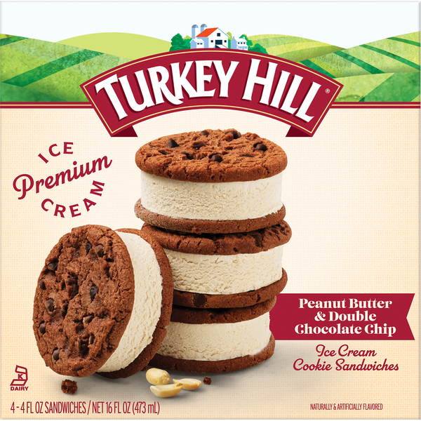 Ice Cream & Ice Turkey Hill Ice Cream Cookie Sandwiches, Premium, Peanut Butter & Double Chocolate Chip hero