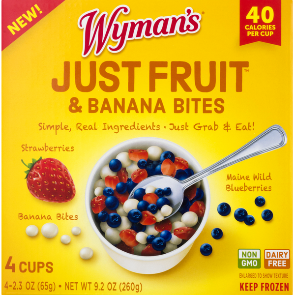 Frozen Fruits Wyman's Just Fruit & Banana Bites, Strawberries, Maine Wild Blueberries hero