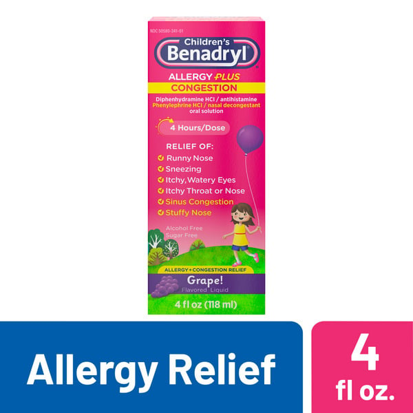 Baby First Aid & Vitamins Benadryl Children's Allergy Plus Congestion Relief Liquid, Grape hero