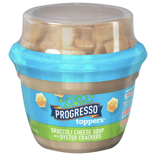 Packaged Cheese Progresso Soup, with Oyster Crackers, Broccoli Cheese hero