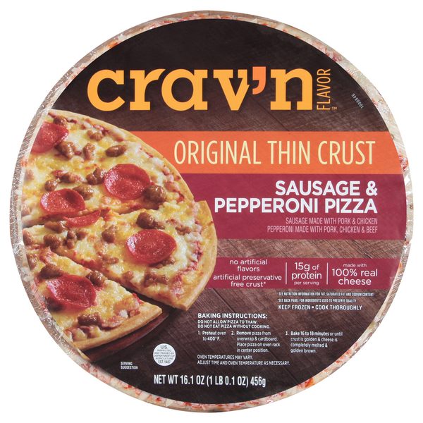 Frozen Pizza Crav'n Flavor Pizza, Sausage & Pepperoni, Original Thin Crust hero