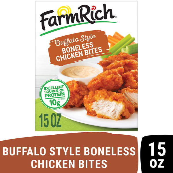 Frozen Meals Farm Rich Boneless Chicken Bites, Boneless Chicken Wings with Buffalo Sauce hero