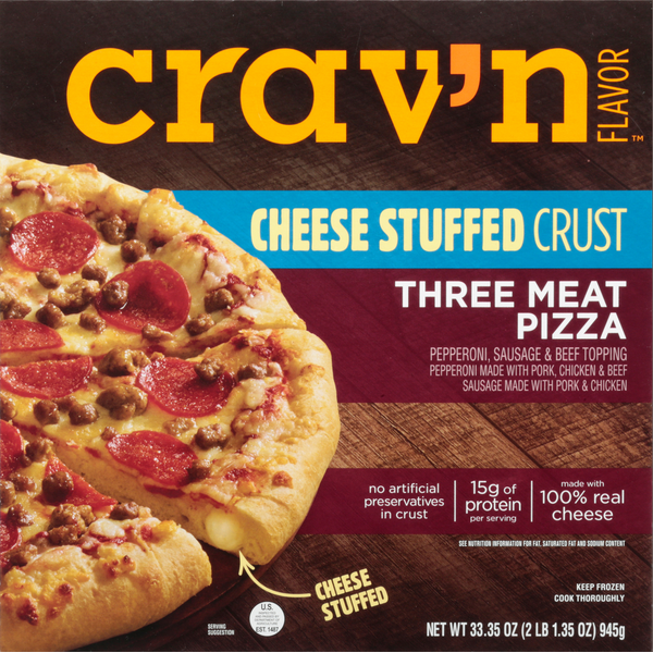 Frozen Pizza Crav'n Flavor Pizza, Cheese Stuffed Crust, Three Meat hero