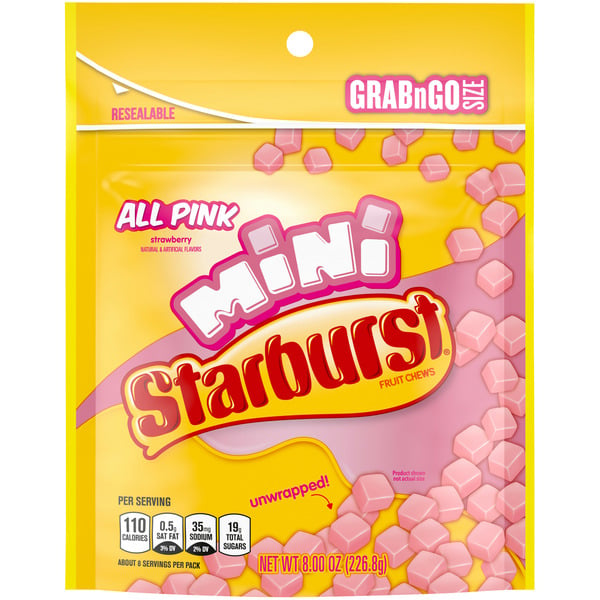 Fruity STARBURST All Pink Minis Fruit Chews Chewy Candy Grab N Go Size Resealable hero