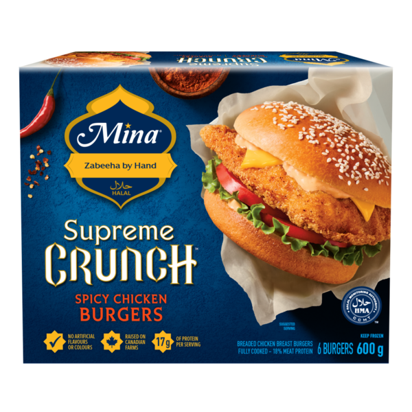 Frozen Meals Mina Supreme Crunch Halal Spicy Chicken Burgers hero