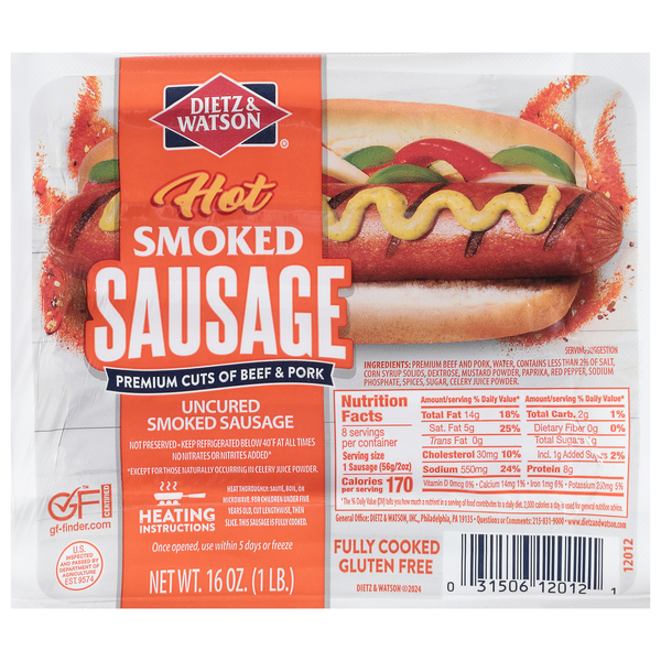 Packaged Meat Dietz & Watson Sausage, Smoked, Hot hero