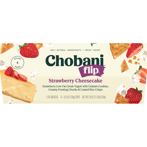 Yogurt Chobani Yogurt, Greek, Low-Fat, Strawberry Cheesecake, Value 4 Pack hero