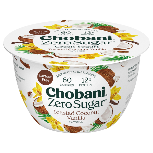 Chobani Yogurt, Greek, Nonfat, Zero Sugar, Toasted Coconut Vanilla Flavored hero