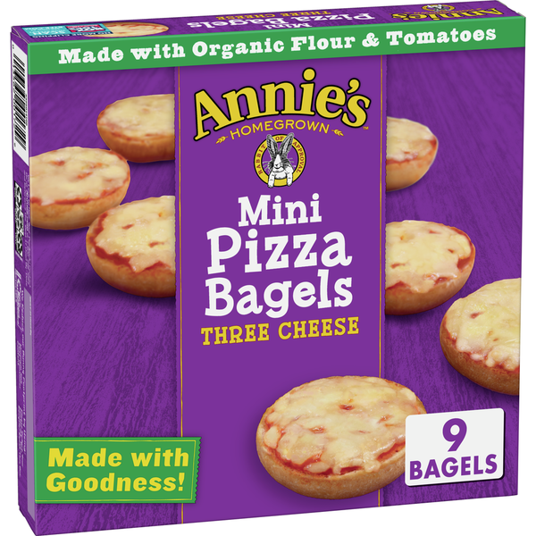 Frozen Pizza Annie's Three Cheese Mini Frozen Pizza Bagels hero