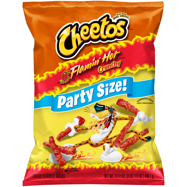 Crackers Cheetos Flamin Hot Crunchy Party Size Cheese Flavored Snacks hero