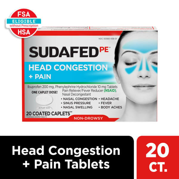 Cold, Flu & Allergy Sudafed PE Non-Drowsy Head Congestion + Pain Relief Caplets hero