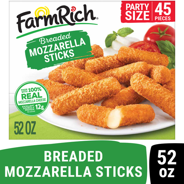 Frozen Appetizers & Sides Farm Rich Breaded Mozzarella Cheese Sticks, High Protein Snack, Frozen hero