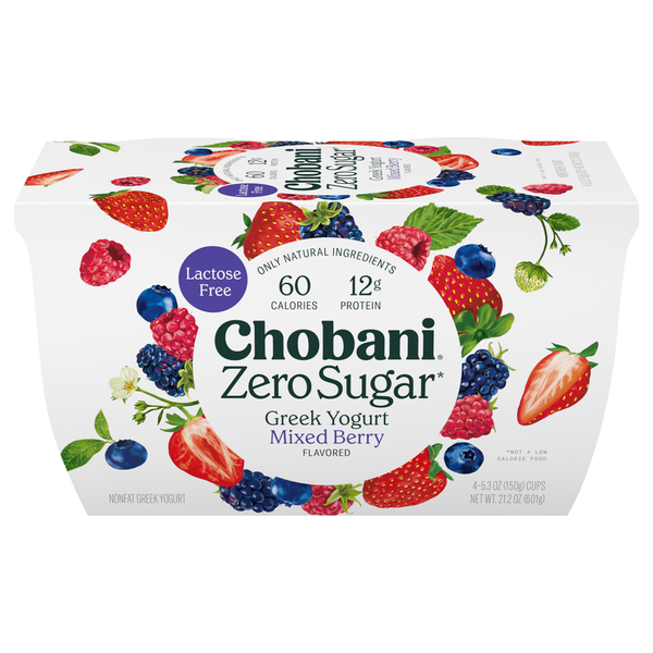 Yogurt Chobani Yogurt, Greek, Nonfat, Zero Sugar, Mixed Berry Flavored hero