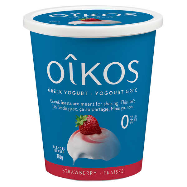 Yogurt Oikos Fat Free Greek Yogurt, Strawberry Flavour, Blended, 0% M.F. hero