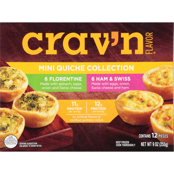 Frozen Appetizers & Sides Crav'n Flavor Quiche Collection, Florentine/Ham & Swiss, Mini hero