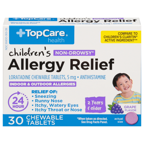 Cold, Flu & Allergy TopCare Allergy Relief, Children's, Non-Drowsy, 5 mg, Tablets, Grape Flavor hero