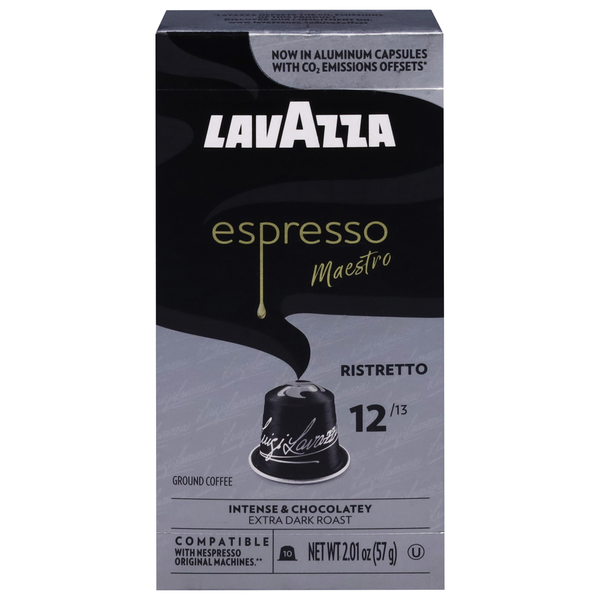 Lavazza Coffee, Ground, Extra Dark Roast, Ristretto, Espresso Maestro, Aluminum Capsules hero