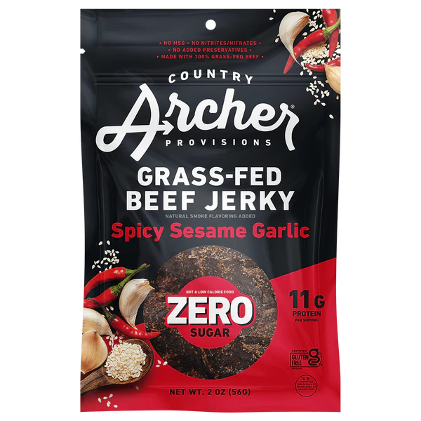 Popcorn & Jerky Country Archer Beef Jerky, Zero Sugar, Spicy Sesame Garlic, Grass-Fed hero