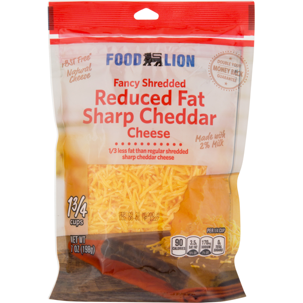 Packaged Cheese Food Lion Fancy Shredded Reduced Fat Sharp Cheddar Cheese hero